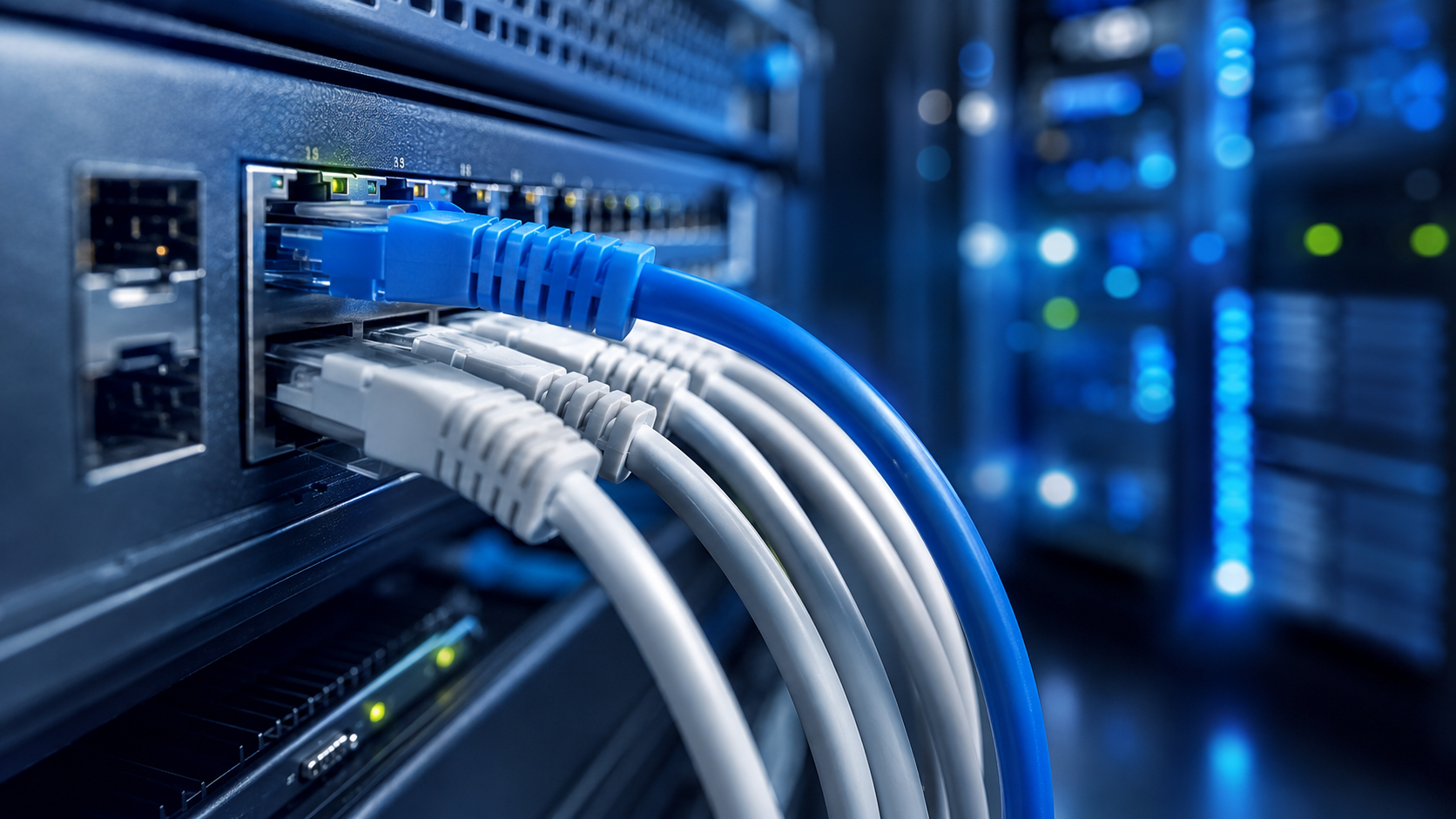 ネットワーク機器へLANケーブルを接続した施工イメージ